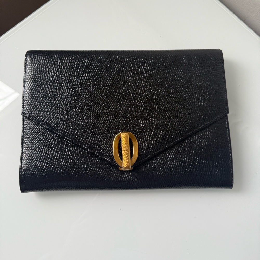 VTG Black Snakeskin Leather Envelope Clutch Shoulder Crossbody Bag Gold Hardware